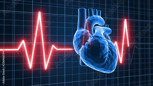 Anatomical heart with glowing red EKG pulse line.