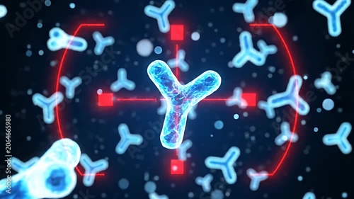 Blue antibody molecules floating in microscopic biological environment.