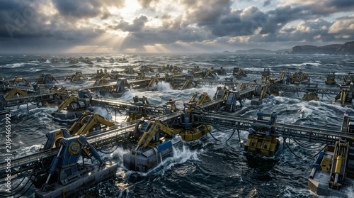 Industrial offshore mining platforms operating in rough seas under dramatic cloudy sky