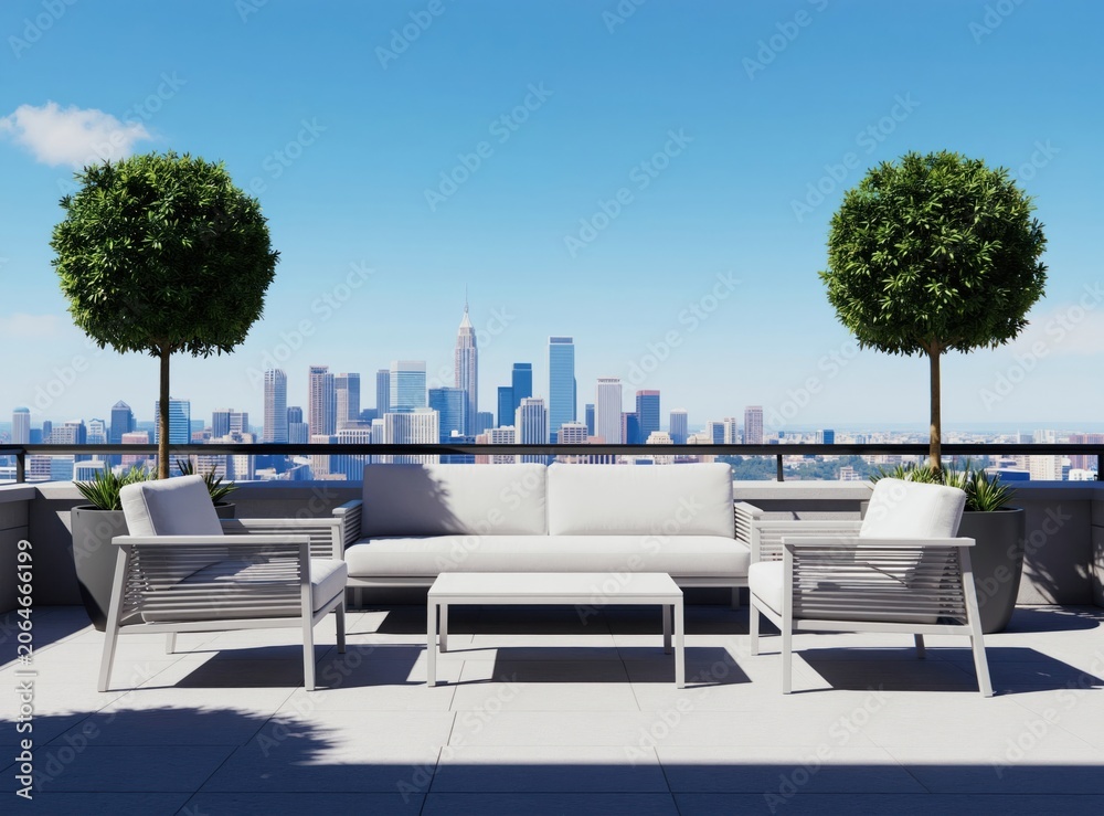 Fototapeta premium Modern white outdoor furniture set on city rooftop balcony. Sofa chairs and table offer relaxing urban lounge space with skyline background. Enjoying city views from high elevation.