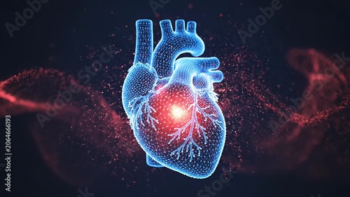 Blue wireframe human heart with red neural energy.