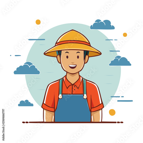 Smiling Farmer in Straw Hat and Overalls Illustration