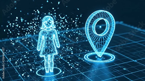 Digital woman avatar with location pin on grid.
