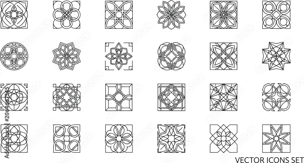 Fototapeta premium Geometric Mandala And Floral Ornament Line Icon Set Vector Illustration With Square Pattern And Symmetrical Decorative Designs