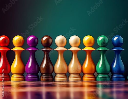 wooden chess pawns in a colorful lineup generative ai