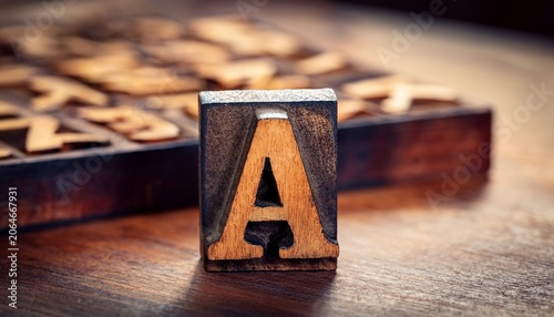 close up of vintage wooden letterpress block with the letter a on a printing table