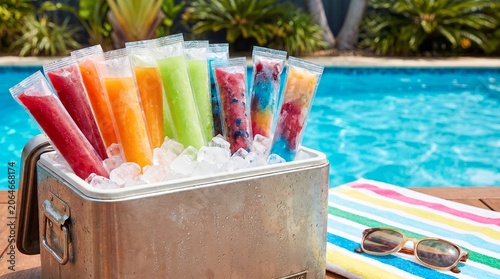 Colorful frozen ice pops chilling in a cooler by a sunny swimming pool.