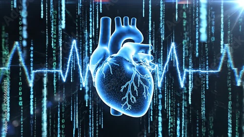 Human heart icon with EKG and binary code.
