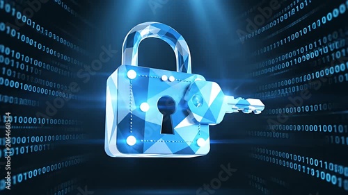 Low poly digital padlock and key in space.