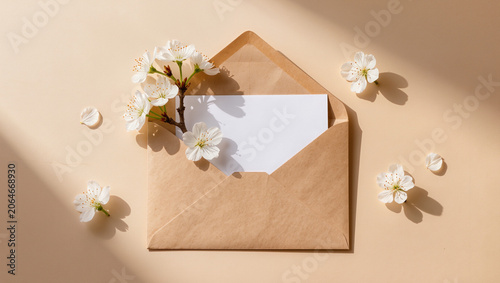 Open Kraft Envelope with Blank Card and White Spring Blossoms on Beige Background