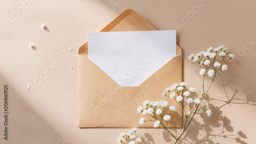 Open Kraft Paper Envelope with Blank Card and White Baby's Breath Flowers