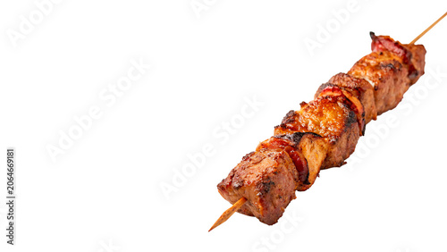 Delicious grilled meat shish kebab skewer with spices isolated on transparent background cut out