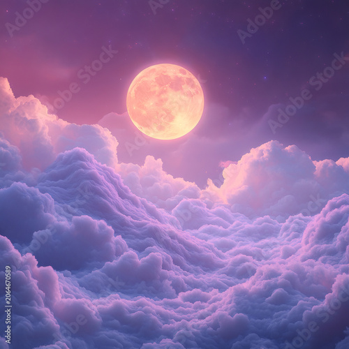 Glowing full moon in a purple twilight sky above fluffy clouds. Fantasy dreamscape background