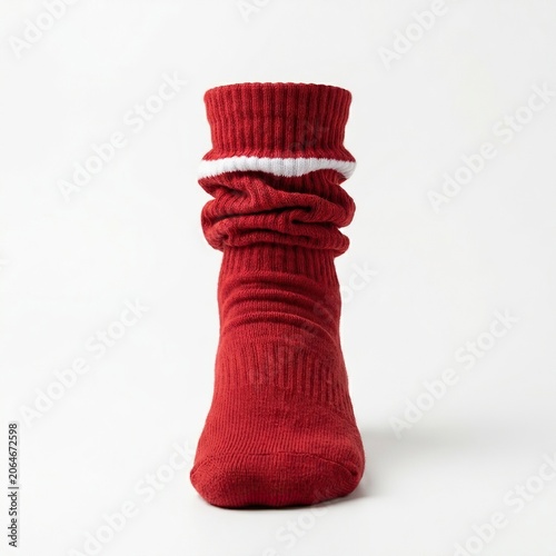 Red slouch socks with white stripe detail Isolated on white background for cutting out.