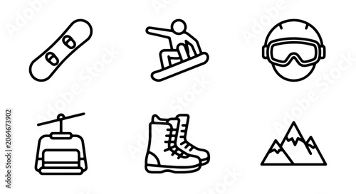 Foto Snowboarding Icons Set, Winter Sports Vector Graphics, Snowboard Gear and Mounta