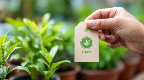 A Hand Holding an Organic Plant Tag Amidst Lush Greenery, Signifying Commitment to Sustainable Gardening and Natural Growth Practices