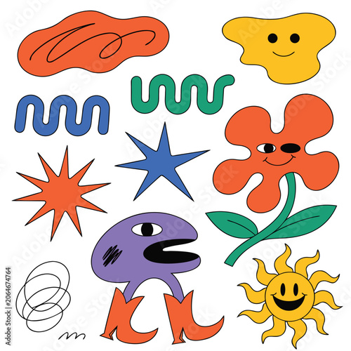 Trendy Neo Brutalist Vector Sticker Set with Wavy Lines Flower Character and Cute Doodle Shapes