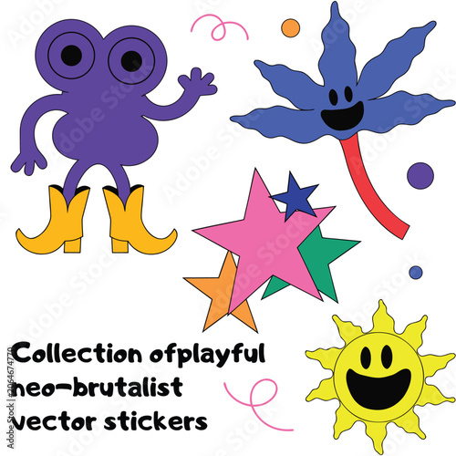 Collection of Playful Neo Brutalist Vector Stickers with Funny Characters and Abstract Star Elements