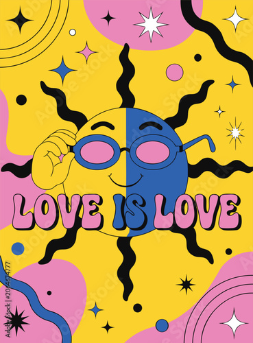 Retro Style Love Is Love Vector Poster Design Featuring a Two Tone Cute Sun Character with Glasses