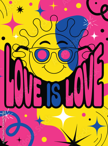 Groovy Love Is Love Poster Template with Funky Cartoon Sun Character and Retro Abstract Background