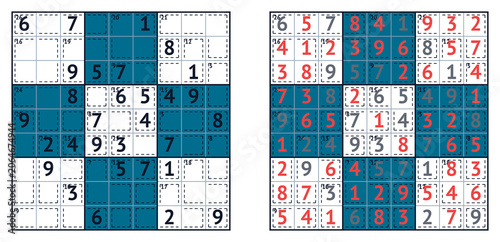 Sudoku puzzle grid with answers displayed in blue and red colors
