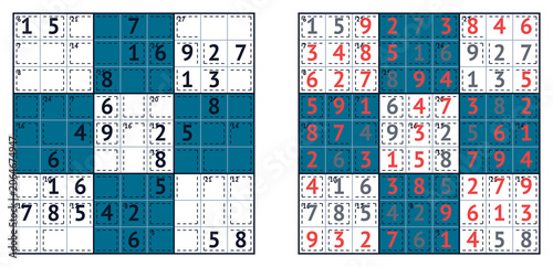 Sudoku square with answer and completed puzzle grid layout  