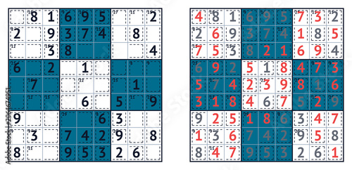 Sudoku puzzle grid with answers, solution template for game layout  