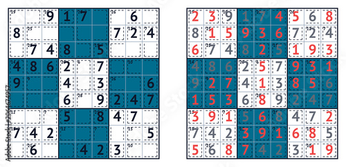 Sudoku square with answer grid layout on a blue background  