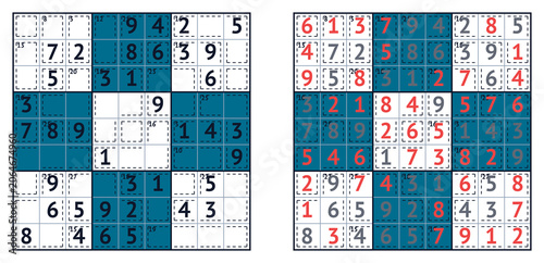 Sudoku puzzle grid with solutions and highlighted numbers in blue and red  