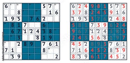 Sudoku puzzle grid with solution and highlighted answers in red  