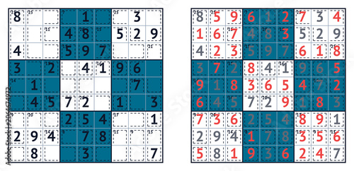 Sudoku puzzle grid with answers in blue and red colors, solution page  