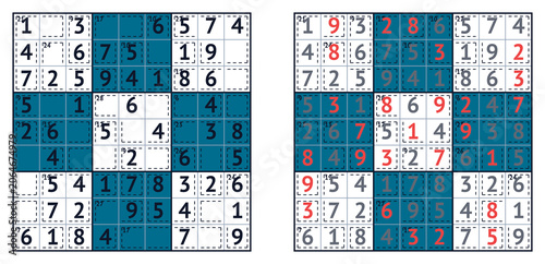 Sudoku puzzle grid with solutions and completed squares in blue  