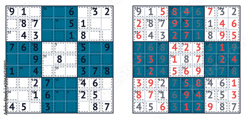 Sudoku square with answer and solution on grid paper layout  