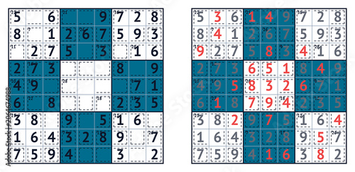 Sudoku game template with solution on two grids in blue and white  
