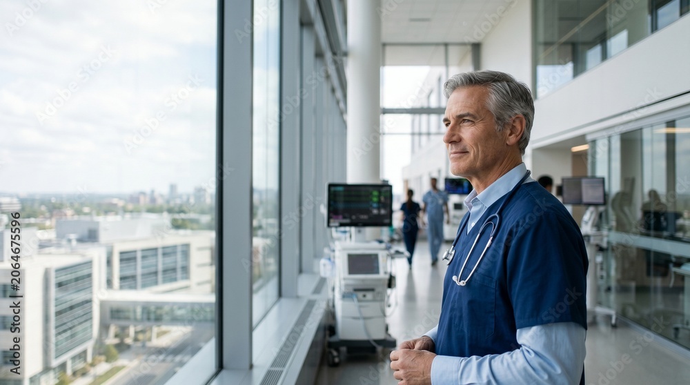 Fototapeta premium An experienced doctor in a high-tech hospital environment, gazing confidently towards the horizon.