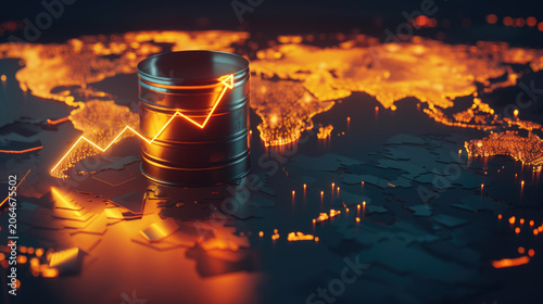 glowing oil price graph chart with oil barrel. Energy shortage crisis concept, middle east conflict impact on global energy market.