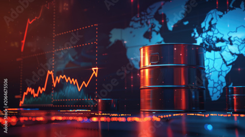 glowing oil price graph chart with oil barrel. Energy shortage crisis concept, middle east conflict impact on global energy market.