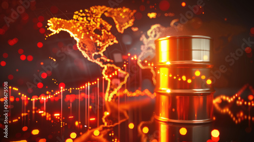 glowing oil price graph chart with oil barrel. Energy shortage crisis concept, middle east conflict impact on global energy market.