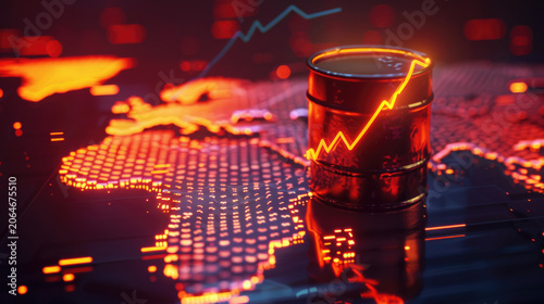 glowing oil price graph chart with oil barrel. Energy shortage crisis concept, middle east conflict impact on global energy market.