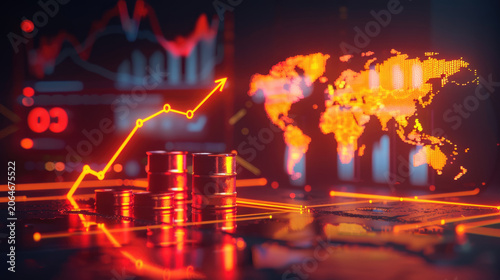 glowing oil price graph chart with oil barrel. Energy shortage crisis concept, middle east conflict impact on global energy market.