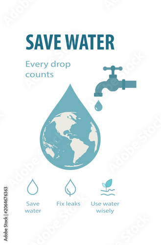 ECO-FRIENDLY “SAVE WATER” POSTER FEATURING A TEARDROP-SHAPED EARTH AND ICONS FOR WATER CONSERVATION