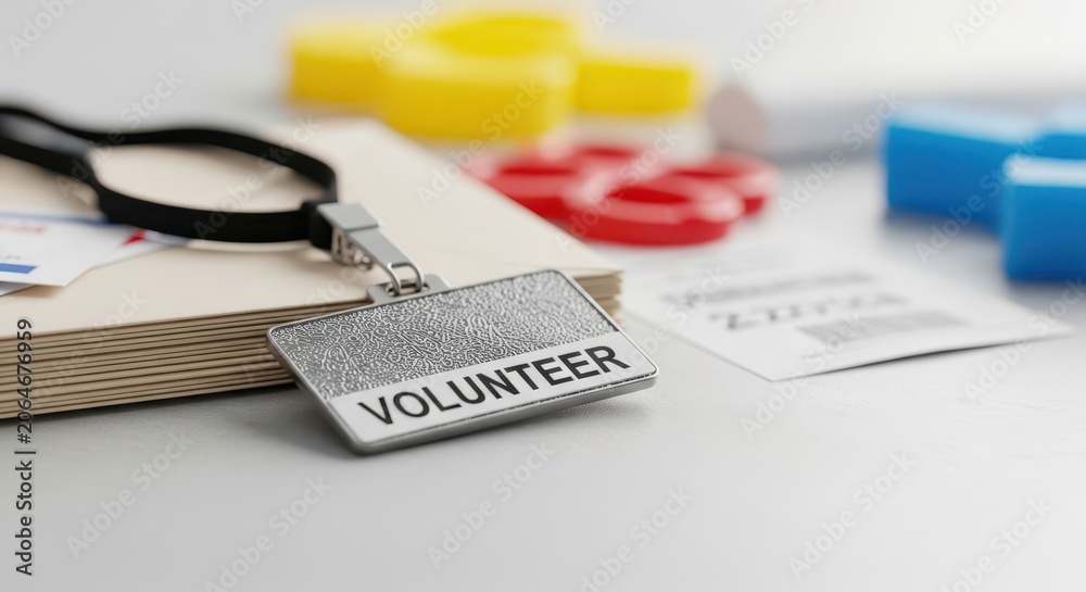 Fototapeta premium Silver volunteer badge with lanyard resting on a stack of papers and office supplies
