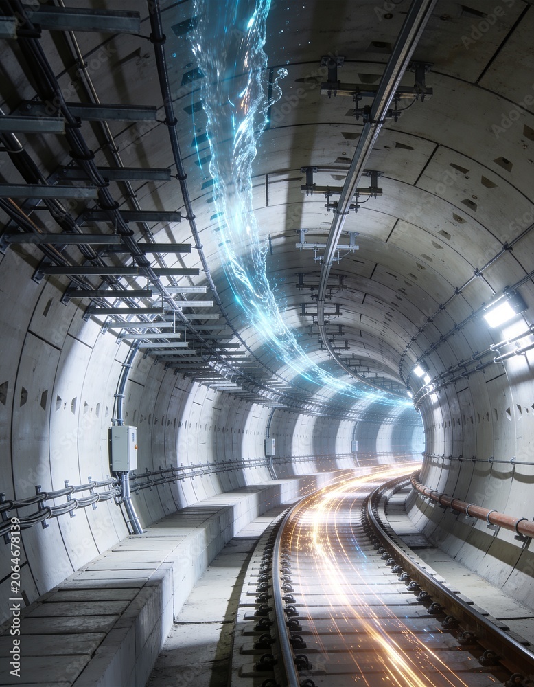 Fototapeta premium Futuristic transportation tunnel with digital light trail infrastructure concept 