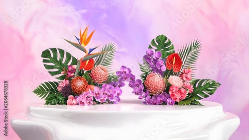 Tropical flower arrangement on pedestal