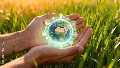 Hands holding earth with eco icons