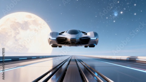 Futuristic flying car on elevated track