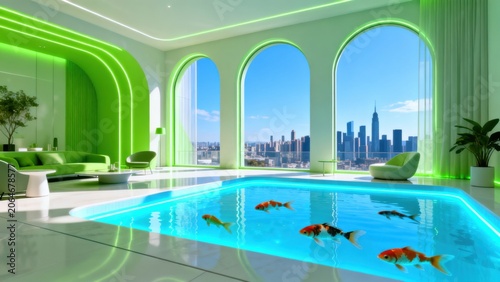 Modern indoor pool with city view