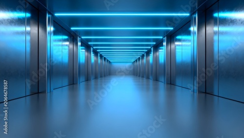 Long corridor with blue neon lights