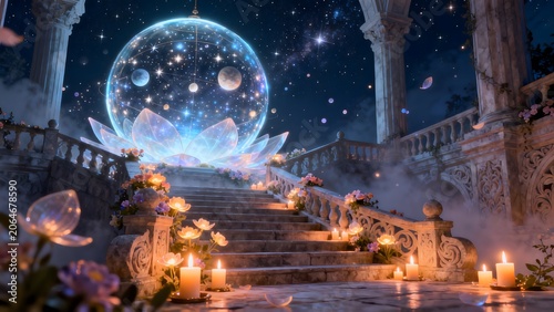 Staircase with glowing orb and candles