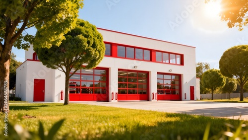 Modern fire station with red doors